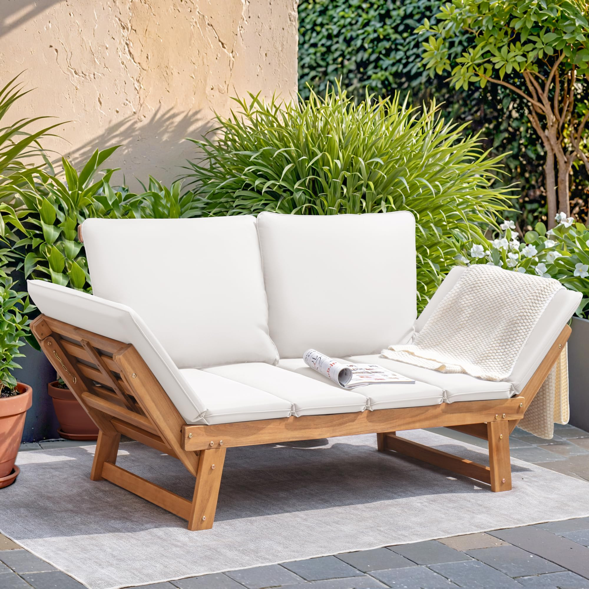 Devoko Outdoor Couch Acacia Wood Patio Couch with Adjustable Armrests, Outdoor Convertible Sofa w... | Amazon (US)