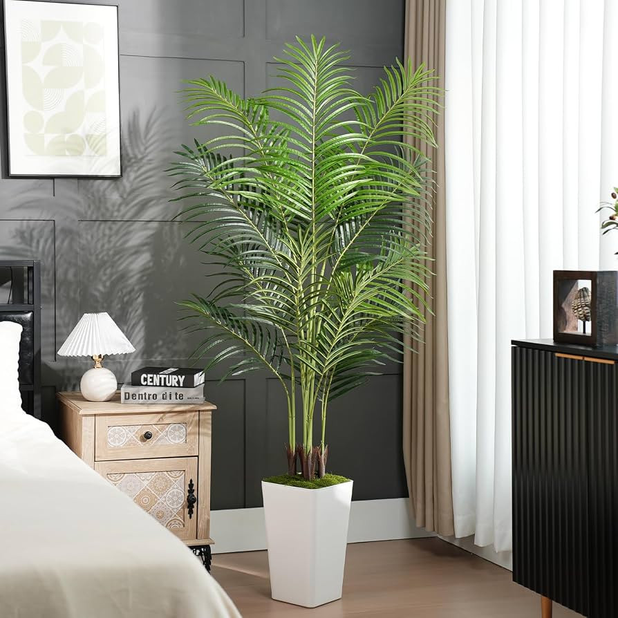 6ft Artificial Palm Tree with White Planter – Tall Fake Tropical Areca Palm Tree in Pot with Re... | Amazon (US)