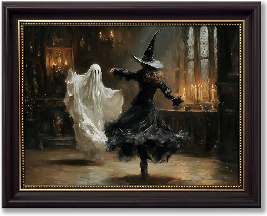 Vbaourut Framed Halloween Wall Art, Dancing Witch and Ghost Canvas Painting, Vintage Gothic Poste... | Amazon (US)