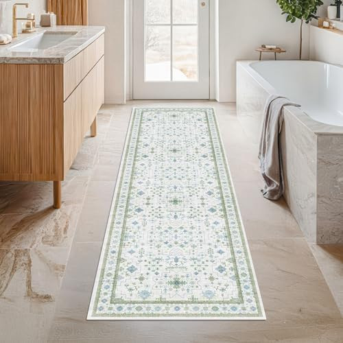 Hazo Haus Washable Oushak 2x6 Bathroom Runner Rug, Eclectic Boho Floral Pastel, Non Slip Low Pile... | Amazon (US)