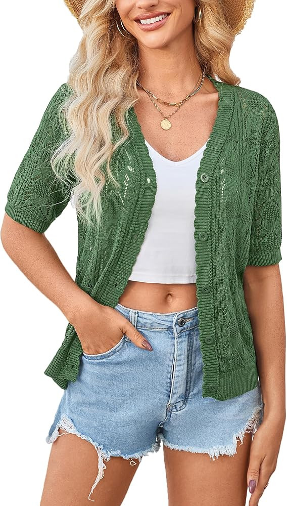 Yekaty Womens 2026 Short Sleeve Crochet Summer Cardigan Cropped Button Sweater Lightweight Shrug ... | Amazon (US)