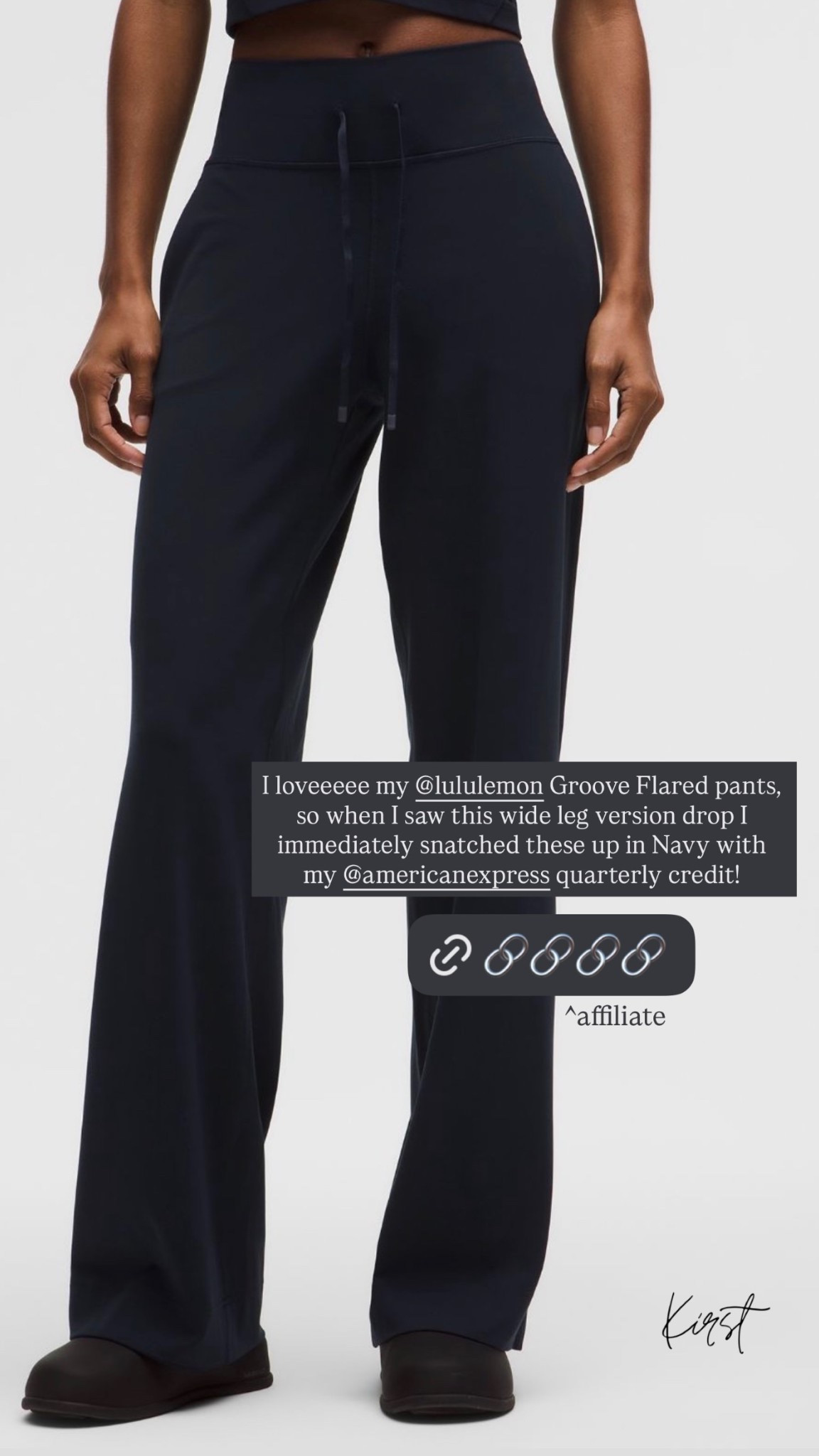 ^affiliate I loveeeee my @lululemon Groove Flared pants, so when I saw this wide leg version drop I immediately snatched these up in Navy with my @americanexpress quarterly credit!