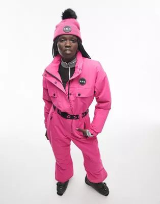 Topshop Sno ski suit with funnel neck & belt in pink | ASOS (Global)
