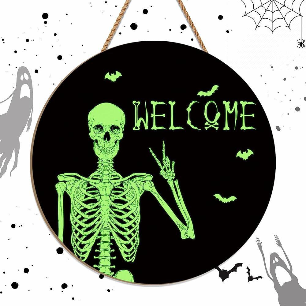 Halloween Door Sign Fluorescent Skull Door Wreath Wooden Spooky Skeleton Welcome Sign Door Hanger... | Amazon (US)