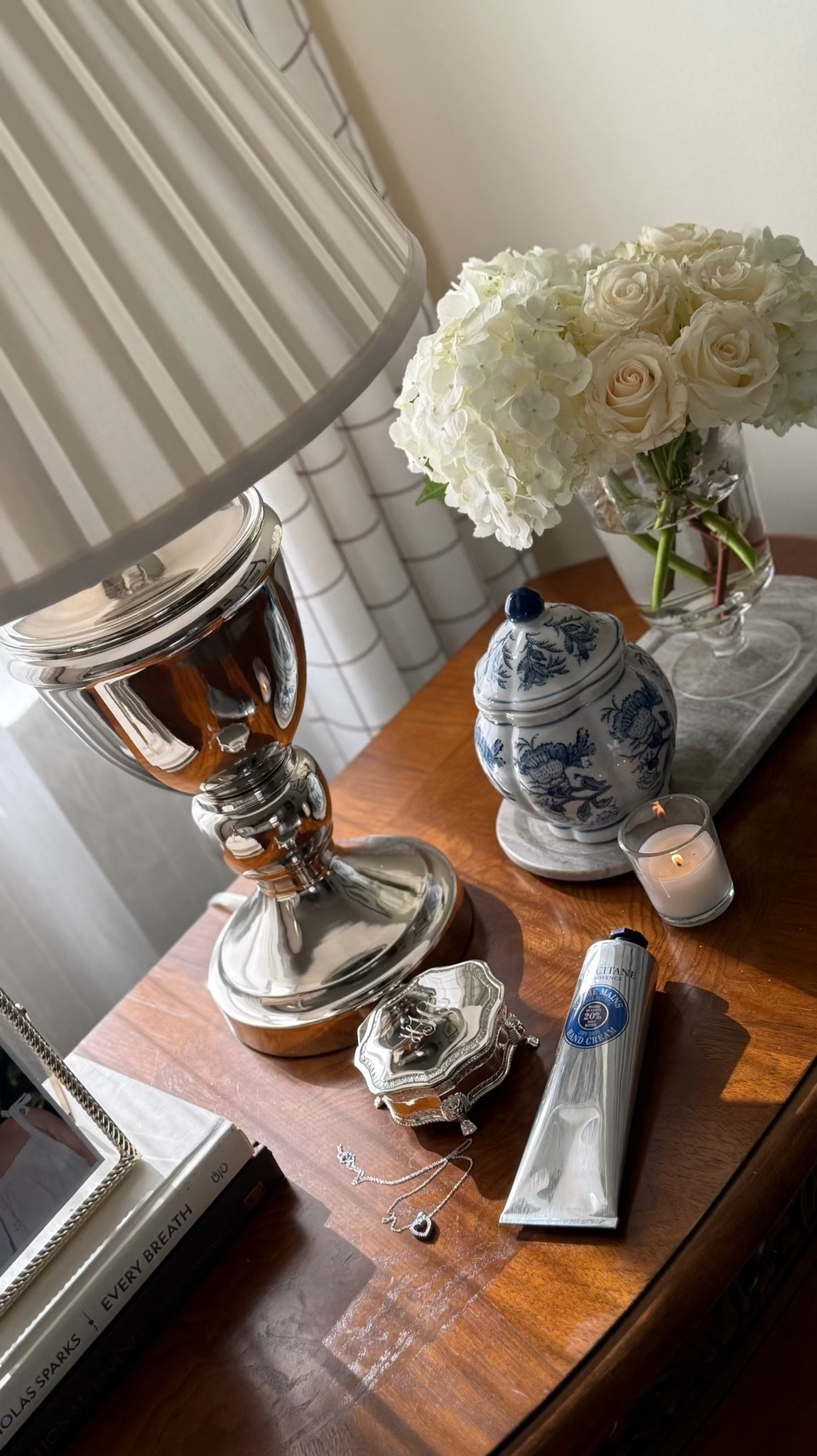 My nightstand essentials.

Silver Lamp. Table Lamp. Pleated Lamp Shade. Pedestal Vase. Silver Jewelry Box. Monogram. Personalized. Hand Lotion. Ginger Jar. Blue & White. Bedroom. Lavender Rose Home.

#LTKHome