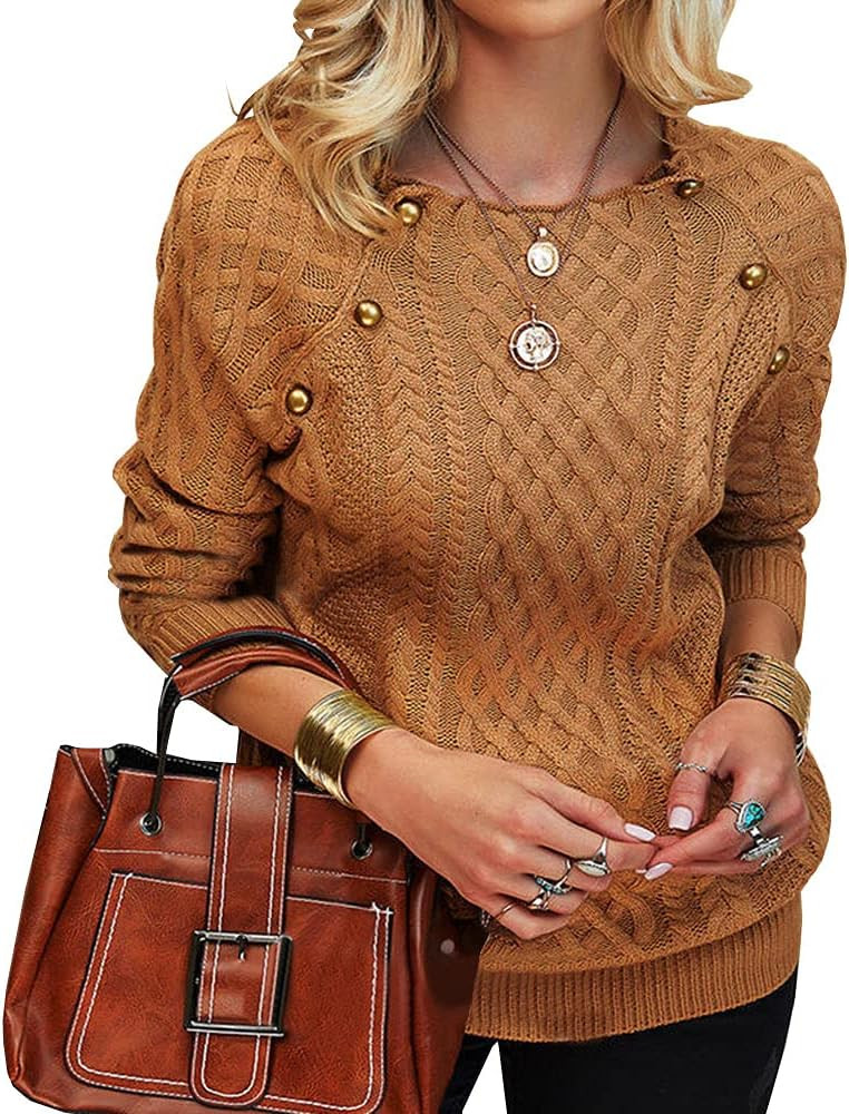 Women's Long Sleeve Crew Neck Sweater Button Knit Casual Pullover Jumper Tops | Amazon (US)