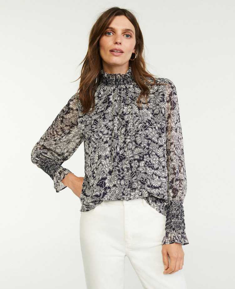 Floral Smocked Mock Neck Top | Ann Taylor (US)