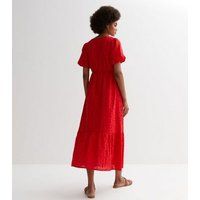Red Embroidered Puff Sleeve Midi Dress New Look | New Look (UK)