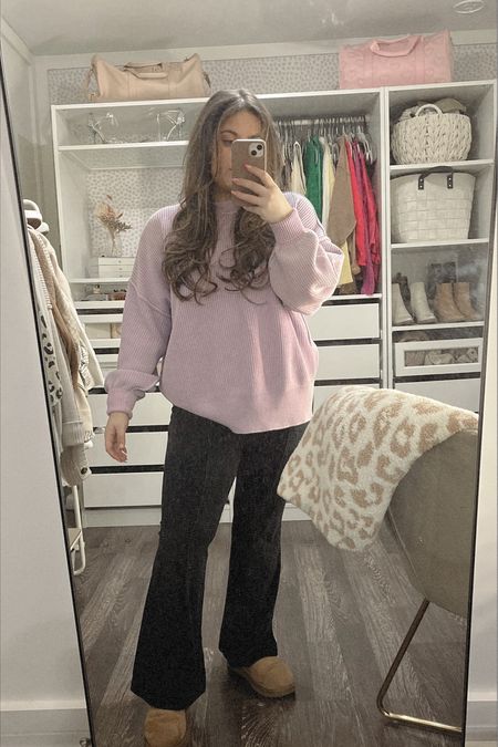Teacher outfit of the day: Cozy work outfit oversized sweater ribbed flare pants mini uggs 
Sweater on sale for $35 and pants on sale for $20 in multiple colors 

#LTKstyletip #LTKunder50 #LTKunder100