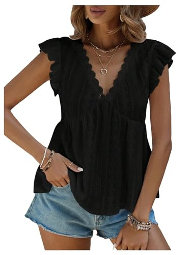 SweatyRocks Women's Lace Trimmed V Neck Ruffled Sleeve Flared Eyelet Tank Blouse Top White Large ... | Amazon (US)