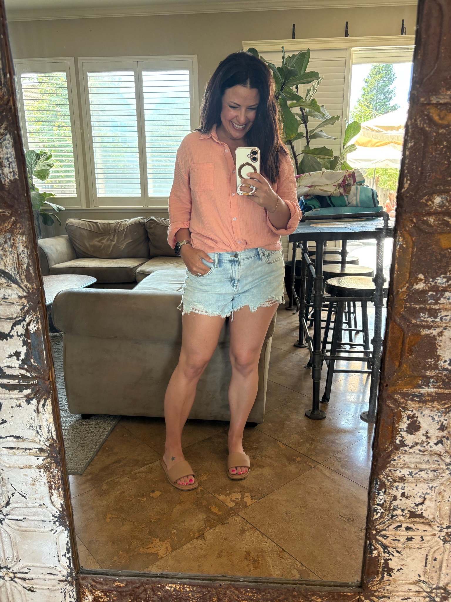 Errands and a pool day on the agenda today. My gauze cotton button down shirt doubles as a swim cover up. I have these shorts in 3 washes, I highly recommend. Wearing a small in my top and shorts. 
Casual summer outfit
Vacation stylee

#LTKPetite #LTKSummerEdit #LTKOver40