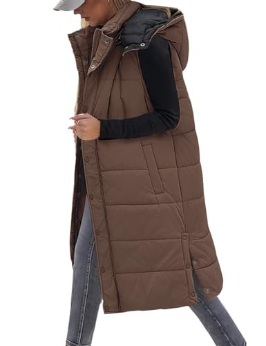 Yusongirl Long Puffer Vest Women Quilted Button Down Jacket Sleeveless Puffy Vests Zip Up Winter Coat Fall Outerwear(Coffee,M) | Amazon (US)