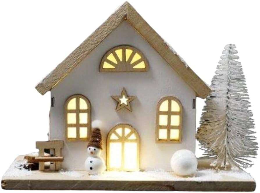 LED Christmas House Decoration, White Wooden, 18cm x 9.5cm x 13.5cm | Amazon (UK)