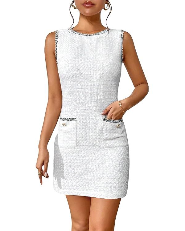 Verdusa Women's Pocket Front Sleeveless Round Neck Tweed Short Bodycon Dress | Amazon (US)
