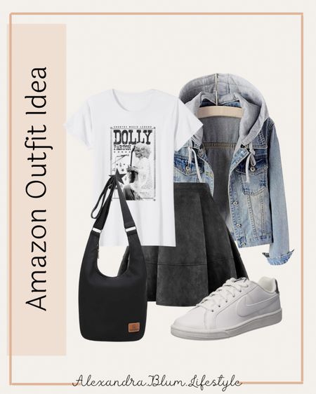 Casual fall outfit idea with a black mini skirt, white graphic band t-shirt, jean jacket, white sneakers, and black crossbody purse bag!! Fall fashion! Amazon fashion finds!! More fall outfits on my page!

#LTKSeasonal #LTKshoecrush #LTKunder50