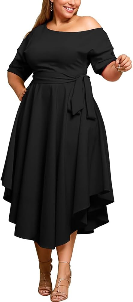 Plus Size Women Wedding Guest Dress Off Shoulder Boat Neck Irregularly Flowy Midi Church Dress | Amazon (US)