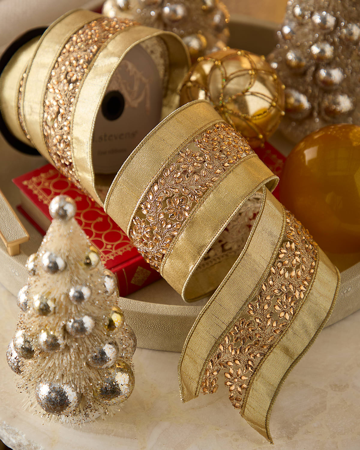 Metallic Dupion Floral-Trim Ribbon, 4"W x 5 Yards | Neiman Marcus