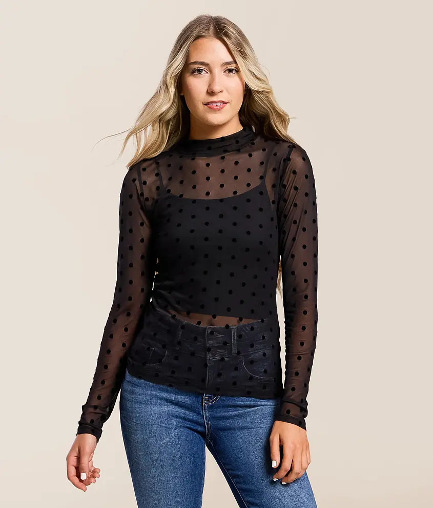 Flocked Polka Dot Mesh Top | Buckle