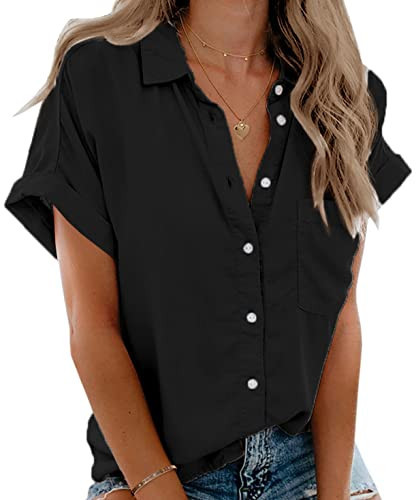 Beautife Womens Short Sleeve Shirts V Neck Collared Button Down Shirt Tops with Pockets Black | Amazon (US)