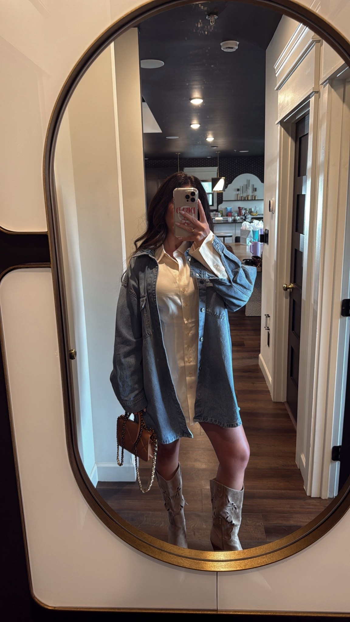 Dress in small, boots exact, size up for oversized in denim