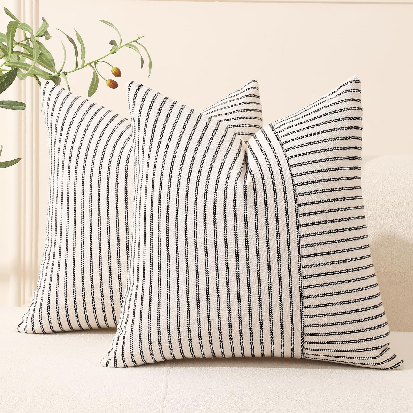 Hckot Black and Beige Patchwork Farmhouse Throw Pillow Covers 24 x 24 Inch, Pack of 2 Striped Lin... | Amazon (US)