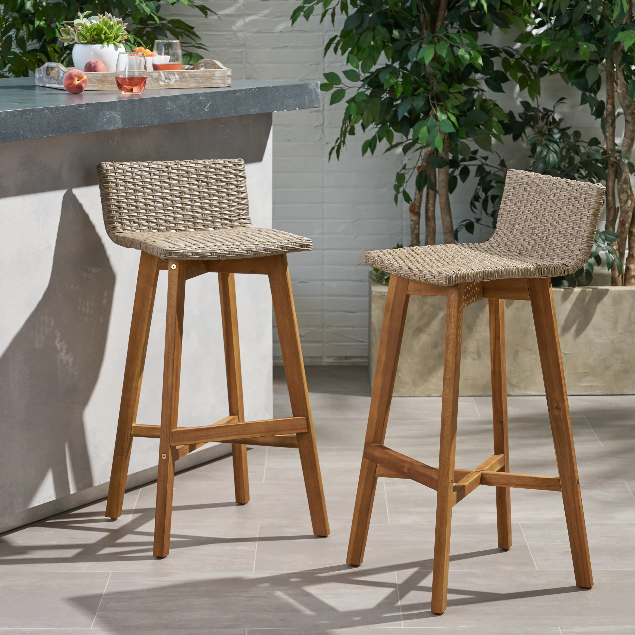 Pico Brea Outdoor Acacia Wood & Wicker Barstools, Set of 2, Light Brown and Teak | Walmart (US)
