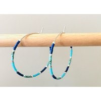 Blue Seed Bead Hoop Earrings Silver Plated, Turquoise Aqua Navy | Etsy (US)