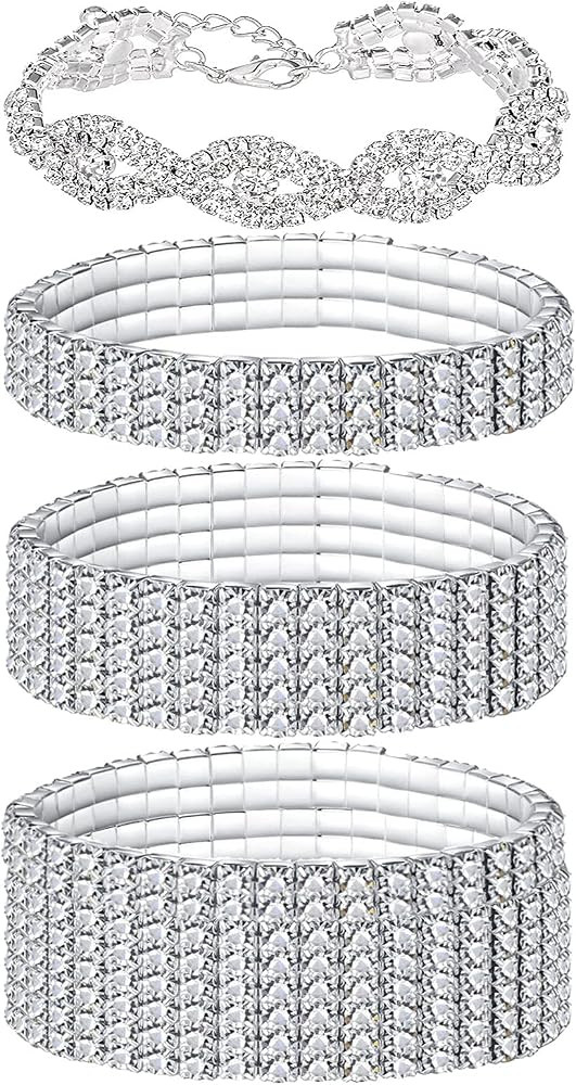 4 PCS Rhinestone Stretch Bracelets for Women Bling Bikini Competition Jewelry Silver Bridal Spark... | Amazon (US)