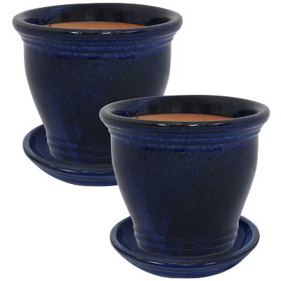 Sunnydaze Studio UV- and Frost-Resistant Ceramic Planters with Drainage Holes and Saucers - 11" Diameter - Imperial Blue - 2-Pack | Target