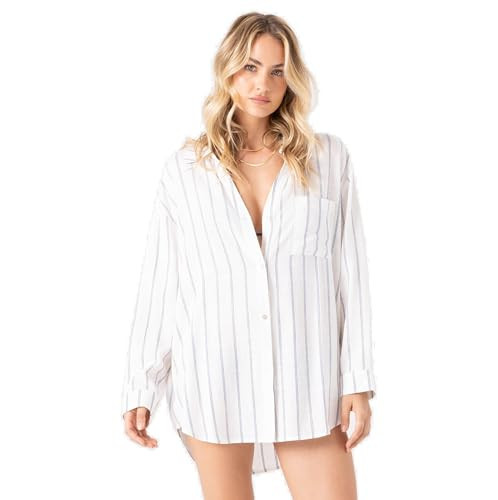 Roxy Women's Swimsuit Bikini Cover Up Button Down Shirt for Beach, Poolside, Resort Wear, Ivory Stripe, X-Large | Amazon (US)