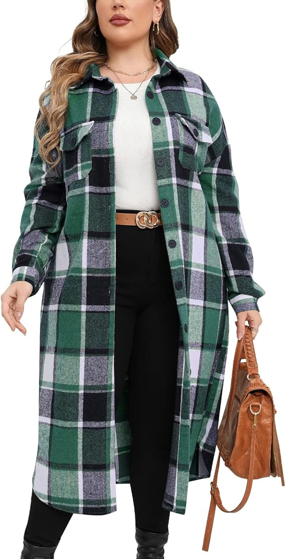 ZOMVA 2025 Women's 0X-5X Plus Size Long Flannel Plaid Shacket Jacket Oversized Button Down Coats ... | Amazon (US)