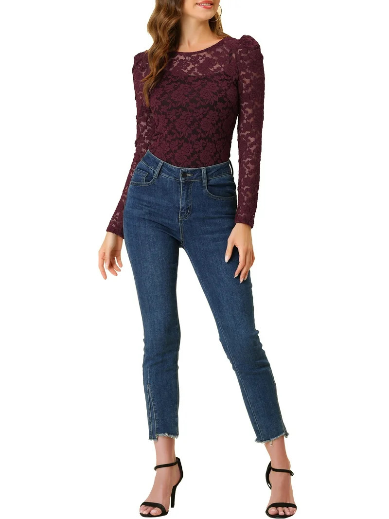 INSPIRE CHIC Women's Tops Puff Long Sleeve Semi Sheer Floral Lace Blouses XS Burgundy | Walmart (US)