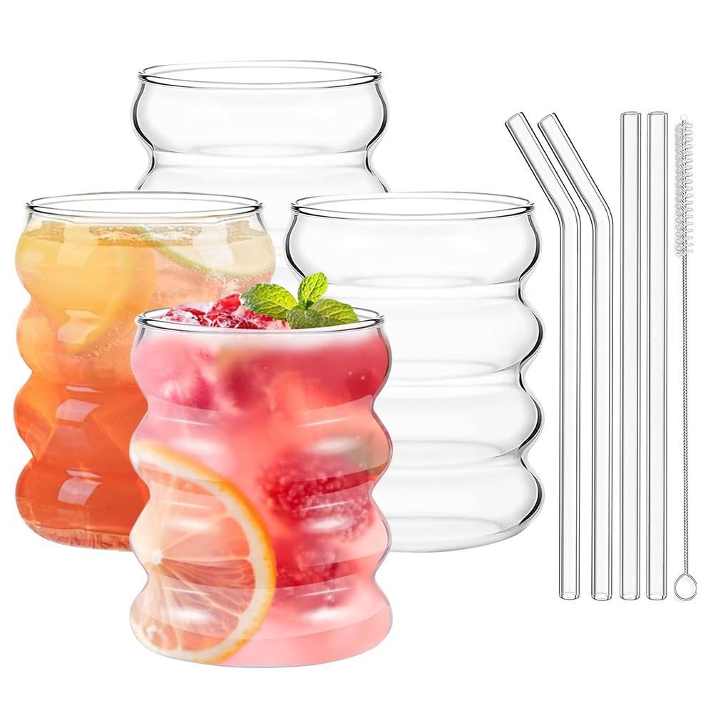 Creative Glassware Set of 4 Wave Shape Bubble Glasses Drinking with Glass Straws, 10 oz Ripple Dr... | Amazon (CA)