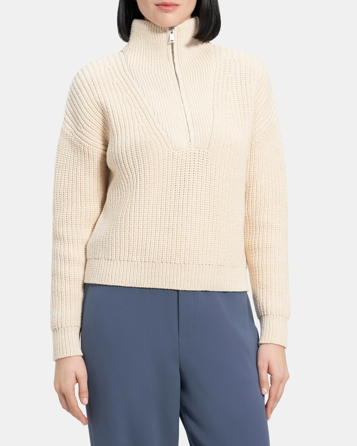 Half-Zip Sweater in Rib Knit Cotton | Theory Outlet