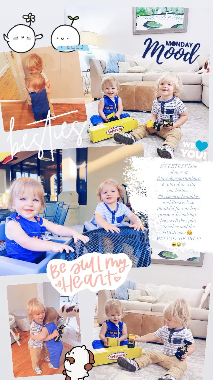 SWEETEST little dinner at @tacodogspartanburg & play date with
 our besties - @kristencochranblog and Brewer!! so thankful for our boys’ precious friendship - how well they play together and the HUGS now 🤗 - 
MELT MY HEART !!! 🥹😭🤍

#LTKfamily #LTKhome #LTKbaby