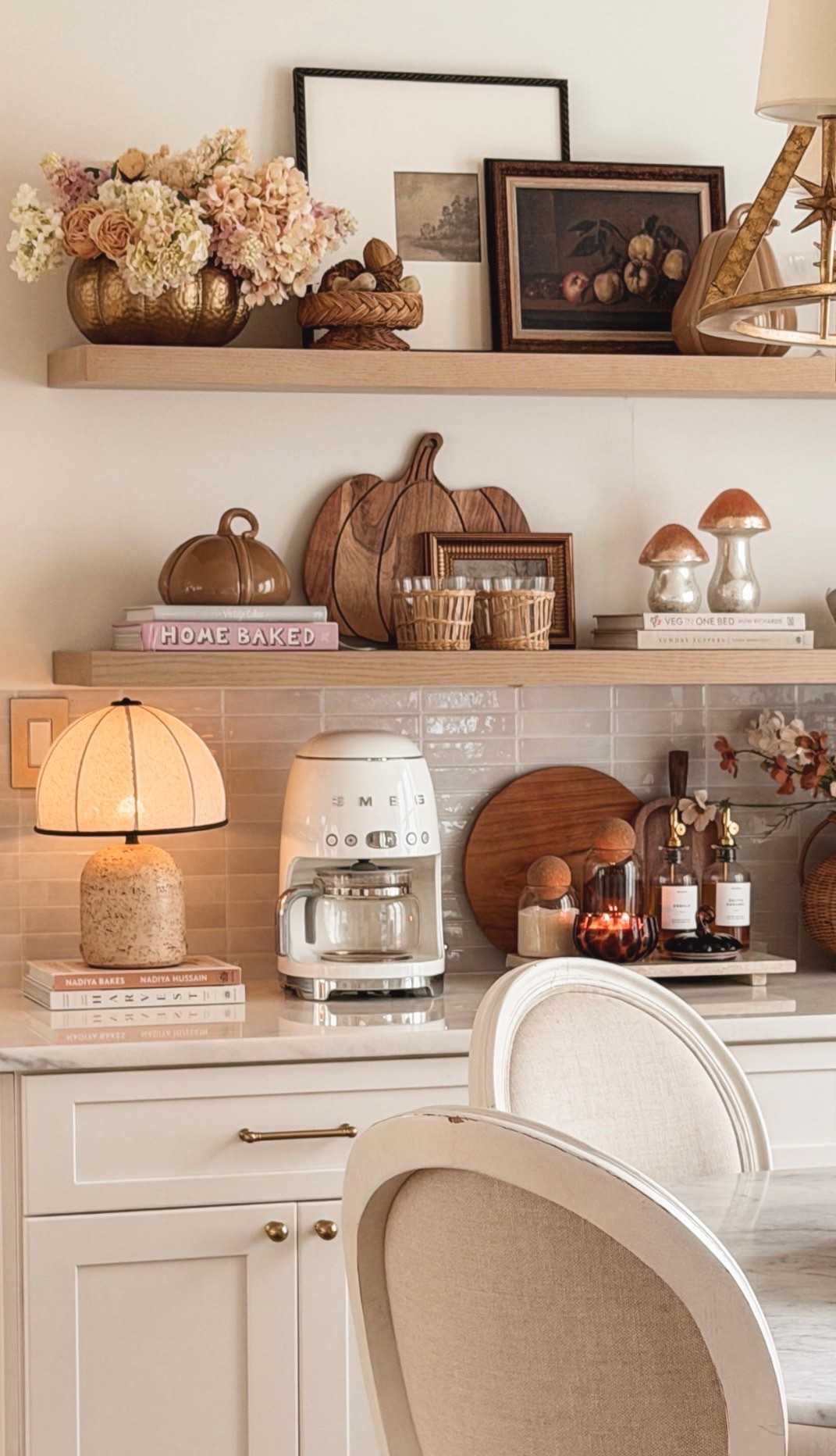 Kitchen shelves decorated for fall