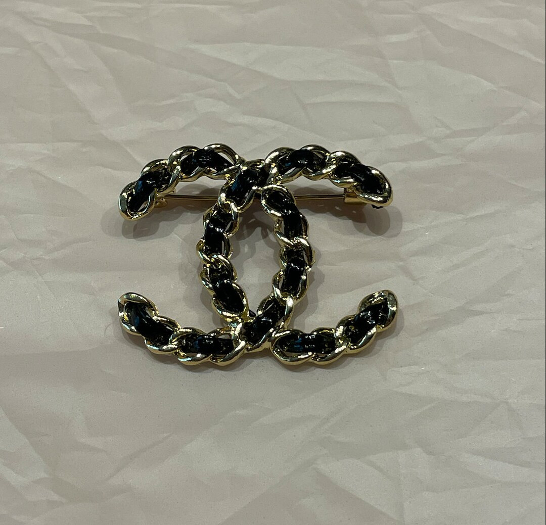 Vintage Chanel Gold Brooch With Black Leather - Etsy Australia | Etsy (US)