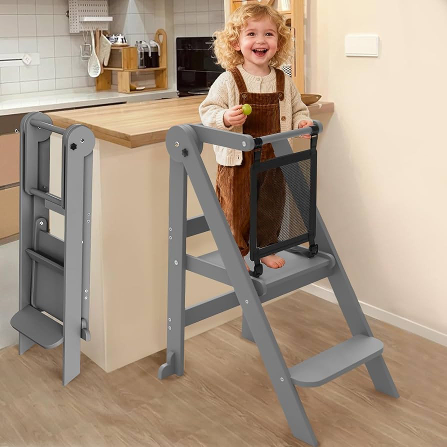 Foldable Toddler Tower with Safety Nets, 3 Adjustable Height Learning Tower | Amazon (US)