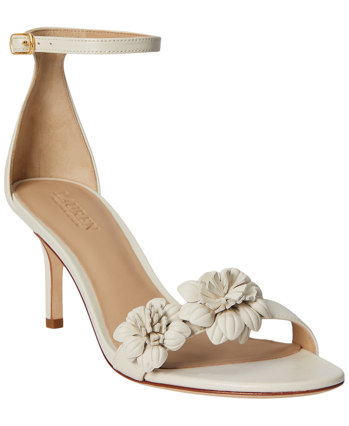 Lauren Ralph Lauren Women's Allie Mid-Heel Floral-Trim Raffia Sandals - Soft White Leather | Macy's