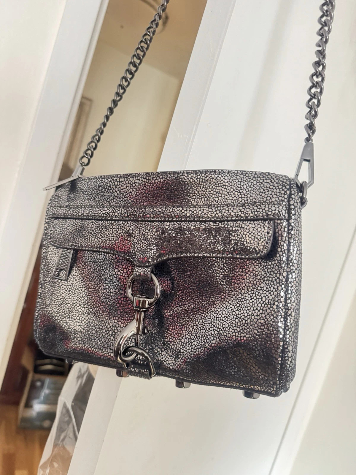 Rebecca Minkoff Mini Mac Clutch SILVER Metallic Black Hardware Crossbody 9”x7” | eBay AU