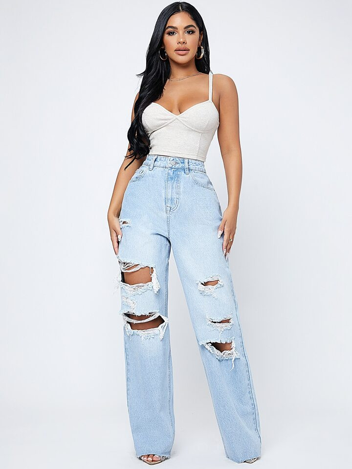 SHEIN SXY Ripped Fringe Detail Wide Leg Jeans | SHEIN USA | SHEIN