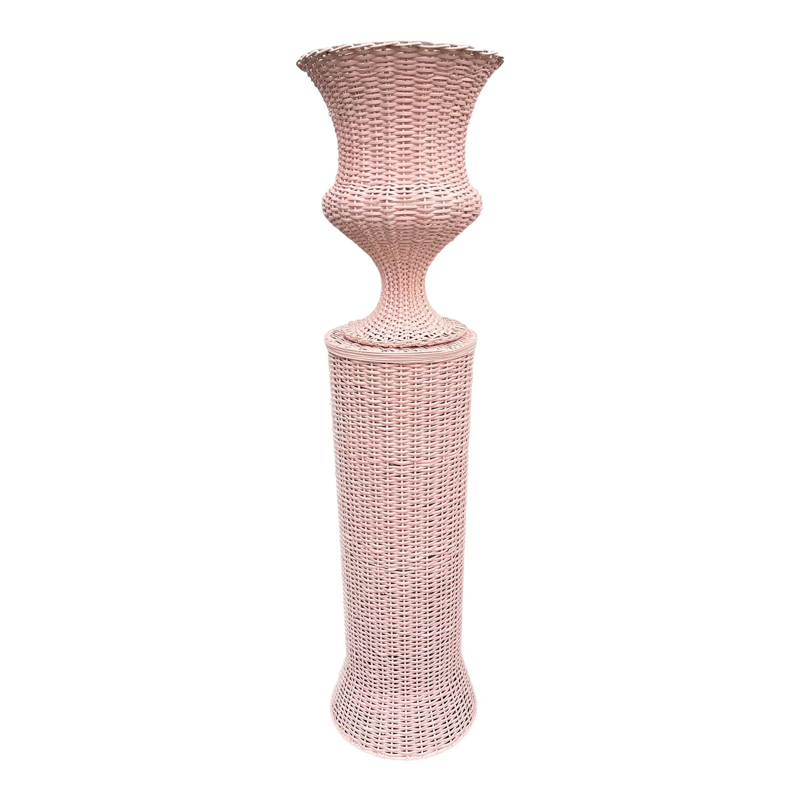 Wicker Urn And Pedestal, Pale Pink | Chairish