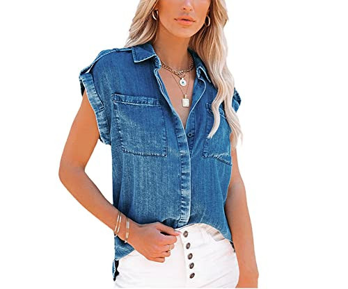 chouyatou Women's Casual Distressed Button Down Sleeveless Denim Jean Shirt Tops | Amazon (US)