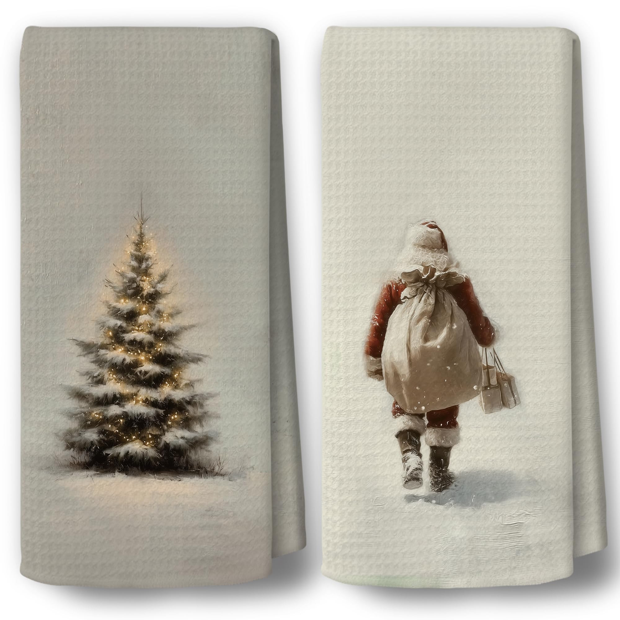 Vintage Christmas Kitchen Towels Decor Set of 2 - Retro Xmas Holiday Hand Tea Towels, Rustic Neut... | Amazon (US)