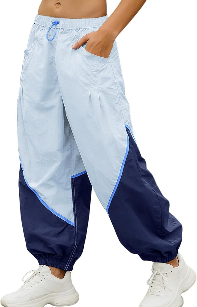Faleave Women's Baggy Wide Leg Pants Elastic Drawcord Waist Color Block Workout Track Parachute P... | Amazon (US)