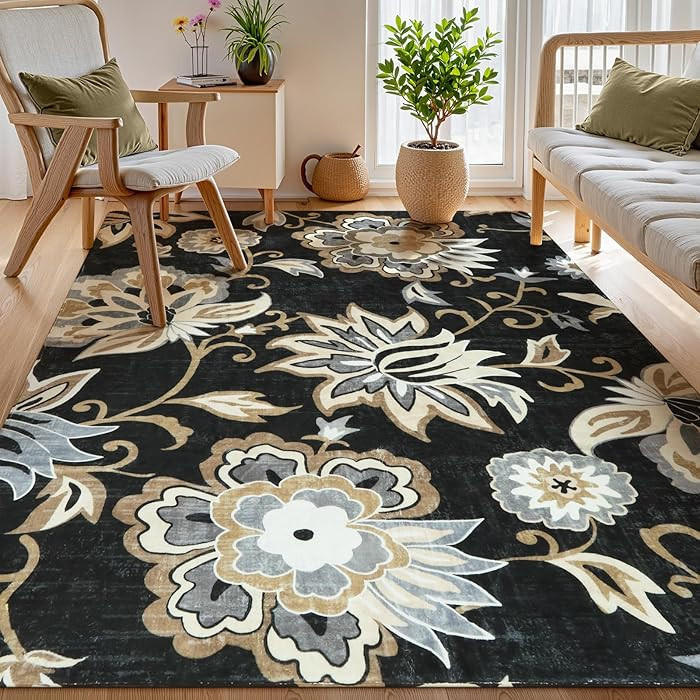 Lahome Floral Black Washable Area Rug 4x6, Non-Slip Ultra-Thin Soft Accent Stain Resistant Indoor... | Amazon (US)