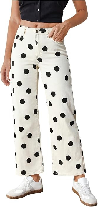 WDIRARA Women's Polka Dots Pants Vintage Stretchy Straight Leg Jeans     Patterned Denim Pants | Amazon (US)