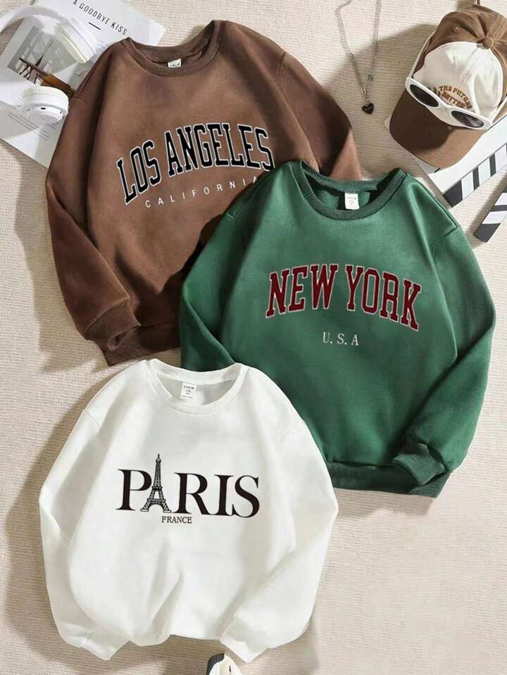 Set de 3 sudaderas de cuello redondo con estampado de letras de estilo gráfico casual y sencillo... | SHEIN