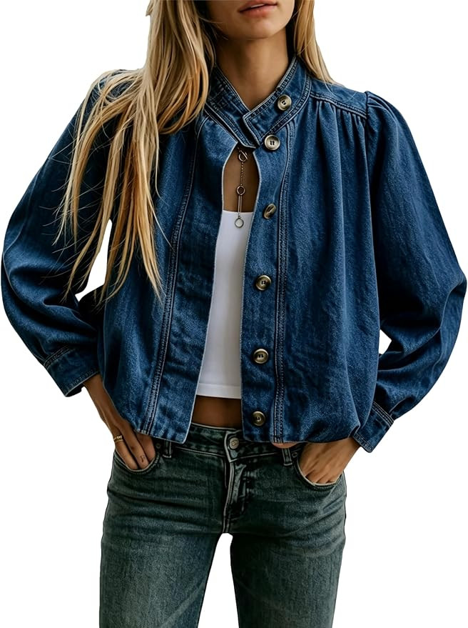 Lumister Women's Denim Jacket with Puff Sleeves Button Down Jean Top Outfit Casual Vintage Shacke... | Amazon (US)
