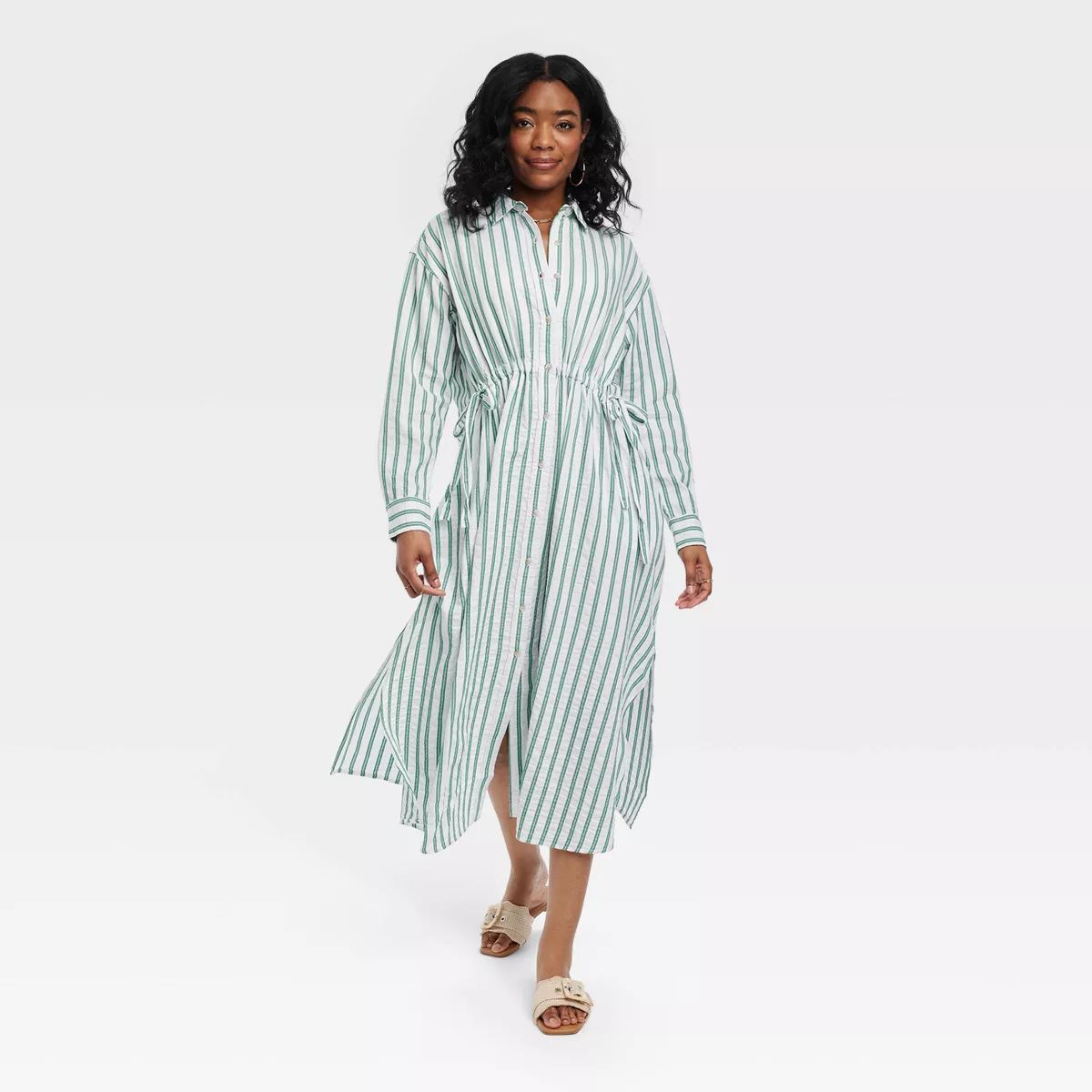 Women's Long Sleeve Cinch Waist Maxi Shirtdress - Universal Thread™ Green Striped M | Target